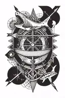 An arrow going through a compass then a boat anchor, a shark, the sign of Sagittarius and a musical note tattoo design idea