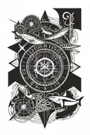 An arrow going through a compass then a boat anchor, a shark, the sign of Sagittarius and a musical note tattoo design idea