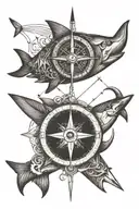 An arrow going through a compass then a boat anchor, a shark, the sign of Sagittarius and a lot of music tattoo design idea