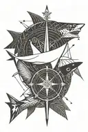 An arrow going through a compass then a boat anchor, a shark, the sign of Sagittarius and a lot of music tattoo design idea