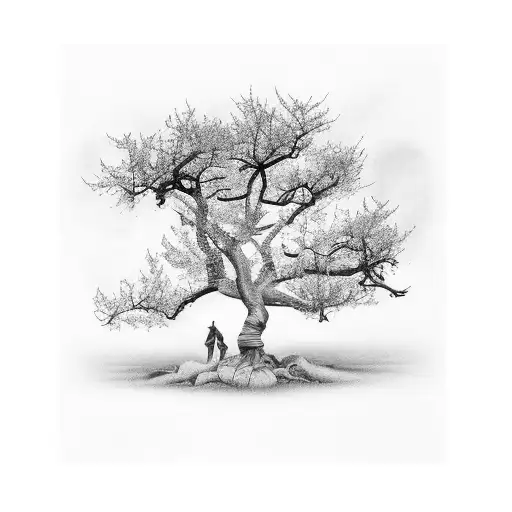 ash tree on fire with lillys at the base tattoo design idea