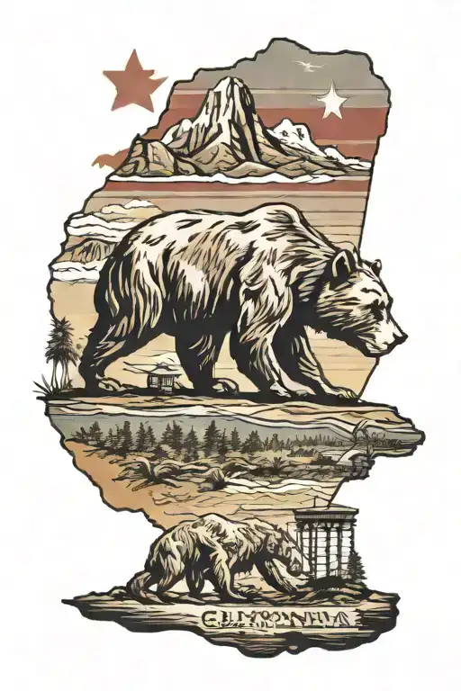california bear flag with iconic landmarks tattoo design idea