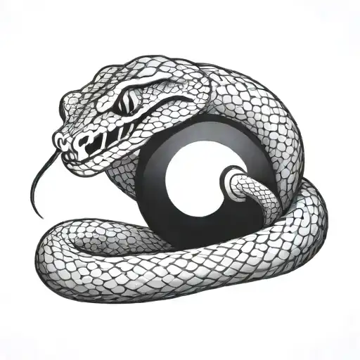 A snake with 2 fangs wrapped around a black 8 ball tattoo design idea