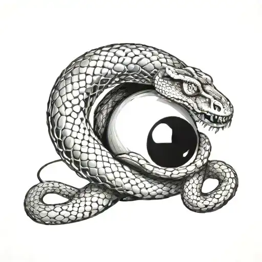 A snake with fangs wrapped around a black 8 ball tattoo design idea