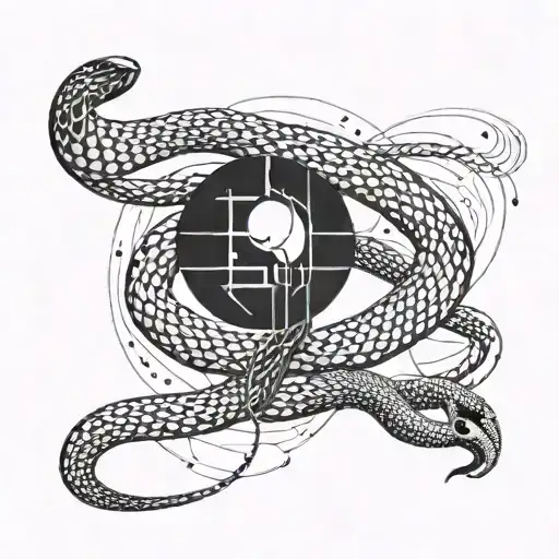 A sleek and modern snake design incorporating binary code and tech symbols tattoo design idea