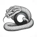 A snake with 2 fangs wrapped around a black 8 ball tattoo design idea