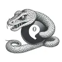 A snake with 2 fangs wrapped around a black 8 ball tattoo design idea