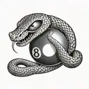 A snake with 2 fangs wrapped around a black 8 ball tattoo design idea