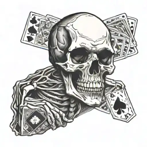 A butcher carving a skeleton-shaped piece of meat surrounded by playing cards tattoo design idea
