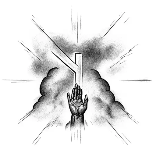 hands reaching for the cross from below in a storm with lighting and clouds in the background  tattoo design idea