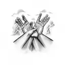 hands reaching for the cross in a storm with lighting and clouds in the background  tattoo design idea