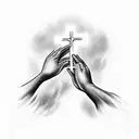hands reaching for the cross in a storm with lighting and clouds in the background  tattoo design idea