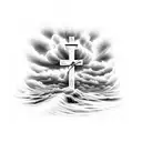 hands reaching for the cross from below in a storm with lighting and clouds in the background  tattoo design idea