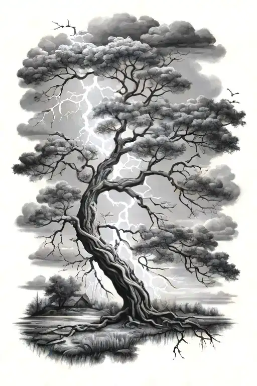 clouds fading lightning willow tree tattoo design idea