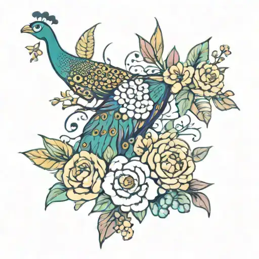 floral design with peacock and leopard print tattoo design idea