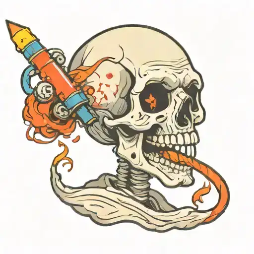 a SKULL WITH a firecracker in its mouth  tattoo design idea