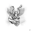 eagle clutching snake in front of american flag tattoo design idea