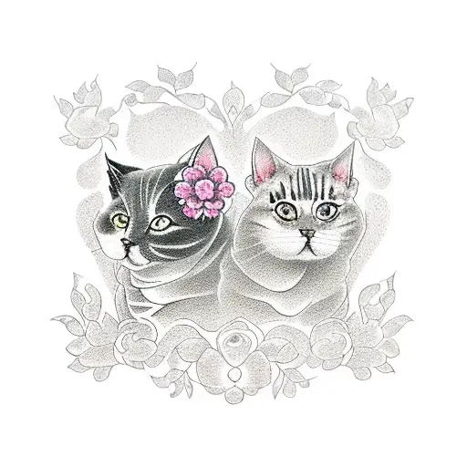 two cats with flowers and diamonds  tattoo design idea