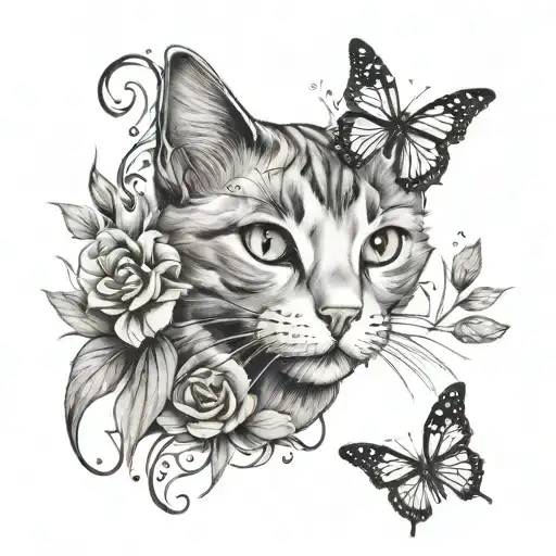 A unique tattoo design combining a cat and a butterfly, creating a whimsical and imaginative composition tattoo design idea