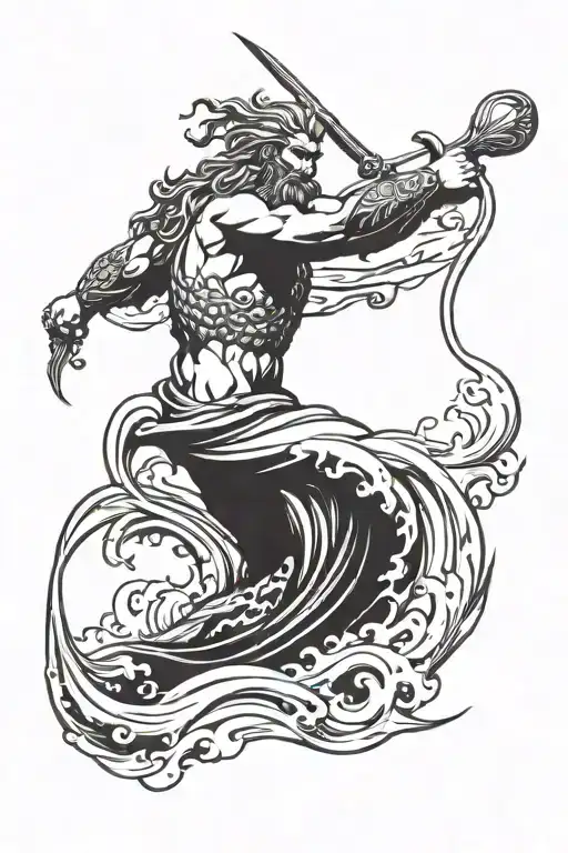 Poseidon throwing trident surrounded by raging waves tattoo design idea