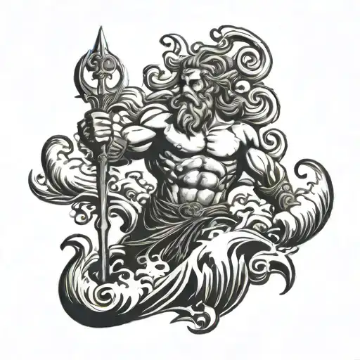 Poseidon holding trident, surrounded by waves crashing tattoo design idea
