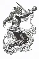 Poseidon throwing trident surrounded by raging waves tattoo design idea