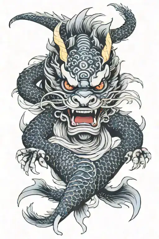 dragon, koi fish, oni mask tattoo design idea
