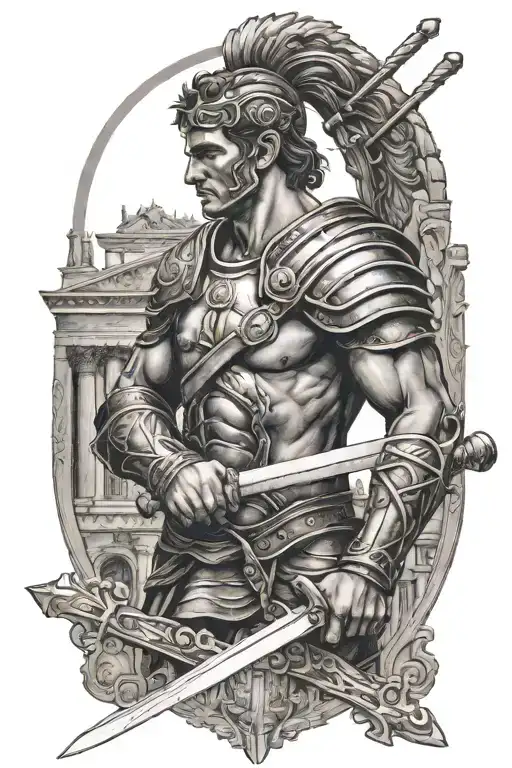Roman warrior wielding a sword surrounded by Roman architecture  tattoo design idea