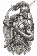 Roman warrior wielding a sword surrounded by Roman architecture  tattoo design idea