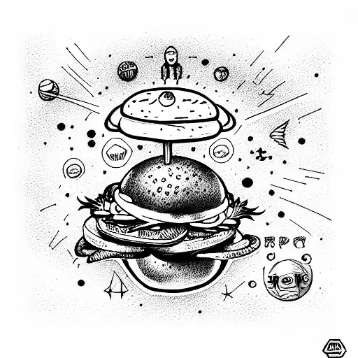 martian in space eating a burguer tattoo design idea