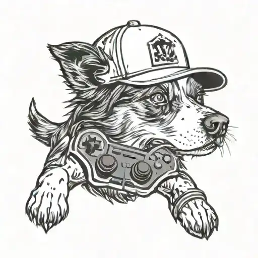 An Australian Shepherd wearing a baseball cap and holding a video game controller in blackwork style tattoo design idea