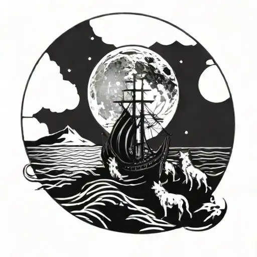 Viking longship sailing under a full moon with a pack of wolves howling in the background tattoo design idea