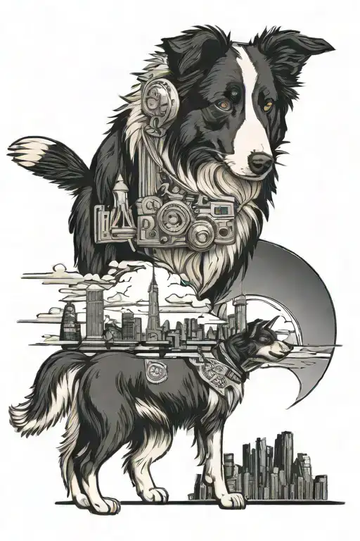 A mashup tattoo of famous landmarks from Los Angeles and Chicago transformed into video game levels, with the client's border collie as the main character navigating through the challenges tattoo design idea
