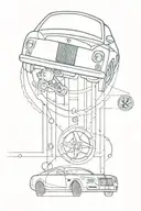 Stripped down automobile, Large rolls royce logo and an atom design tattoo design idea