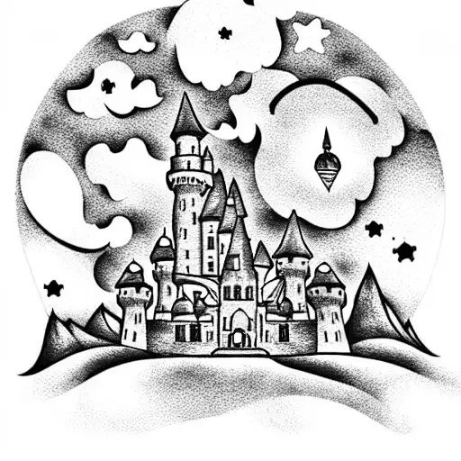 Fairytale castle in the sky, on top of and surrounded by clouds and stars tattoo design idea