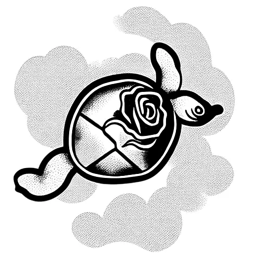 turtle with a rose in its mouth and halo and angel wings laying in the clouds tattoo design idea