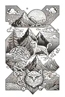 mountains, cats playing, dnd dice rolling tattoo design idea