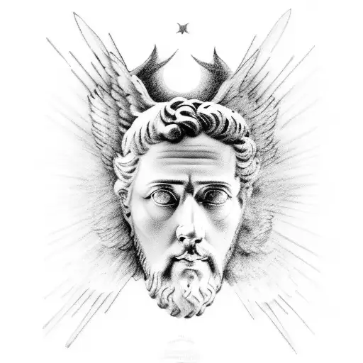Marcus Aurelius half face with icarus falling down and baby angel and Marcus Aurelius quote  tattoo design idea