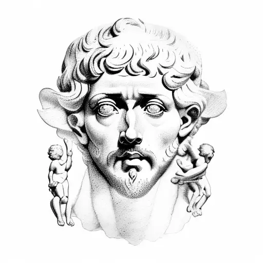 Marcus Aurelius half face with icarus falling down and baby angel and Marcus Aurelius quote  tattoo design idea
