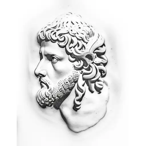 Marcus Aurelius half face with icarus falling down and baby angel and Marcus Aurelius quote  tattoo design idea