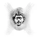 Marcus Aurelius half face with icarus falling down and baby angel and Marcus Aurelius quote  tattoo design idea