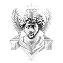 Marcus Aurelius half face with icarus falling down and baby angel and Marcus Aurelius quote  tattoo design idea