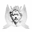 Marcus Aurelius half face with icarus falling down and baby angel and Marcus Aurelius quote  tattoo design idea