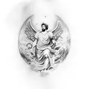 Marcus Aurelius half face with icarus falling down and baby angel and Marcus Aurelius quote  tattoo design idea