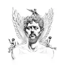 Marcus Aurelius half face with icarus falling down and baby angel and Marcus Aurelius quote  tattoo design idea