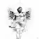 Marcus Aurelius half face with icarus falling down and baby angel and Marcus Aurelius quote  tattoo design idea