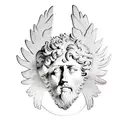 Marcus Aurelius half face with icarus falling down and baby angel and Marcus Aurelius quote  tattoo design idea