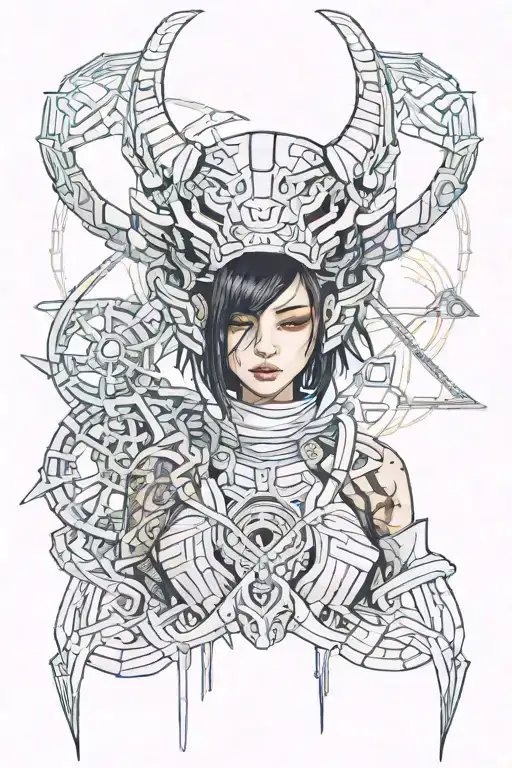 japanese girl wears hannya mask surrounded with katanas tattoo design idea