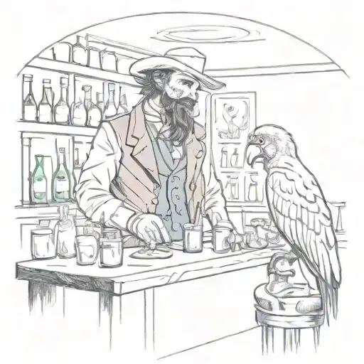A saloon scene from the wild west with a parrot bartender serving drinks to cowboys and outlaws tattoo design idea