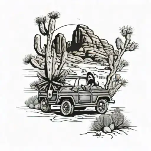 A vintage car driving through a desert canyon with a pirate flag flying from the back, surrounded by cacti and tumbleweeds tattoo design idea